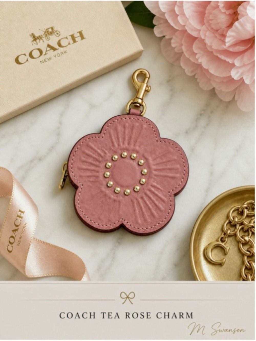 NEW Coach Tea Rose Bag Charm Peony Pink Leather Floral CDB15 NWOT